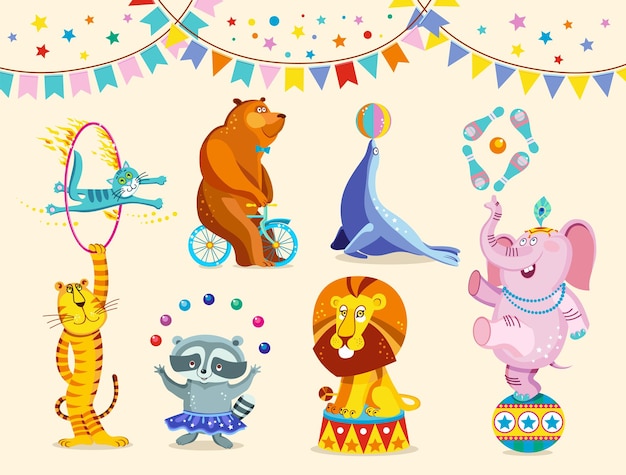 Набор цирковых животных декоративные иконки. забавный цирковой слон, тигр, кот, медведь, енот, лев выполняют трюки. векторные иллюстрации