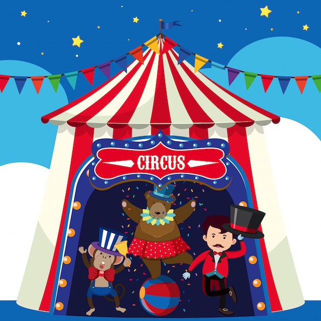 Circus animals and trainer in the tent