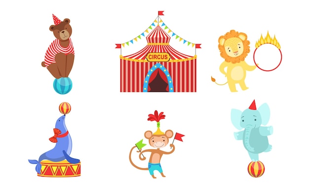 Circus artiesten personages set Marquee Circus dieren leeuw beer aap olifant vector illustratie