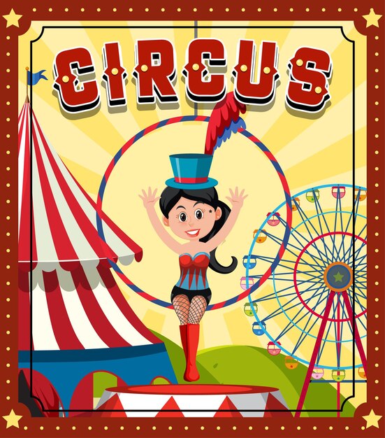 Disegno del banner del circo con ginnasta femminile aerea sull'anello