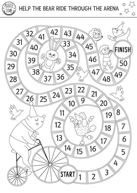 Circus black and white dice board game for children with bear on bicycle riding through the arena Amusement show line boardgame Entertainment printable coloring page with animalxA