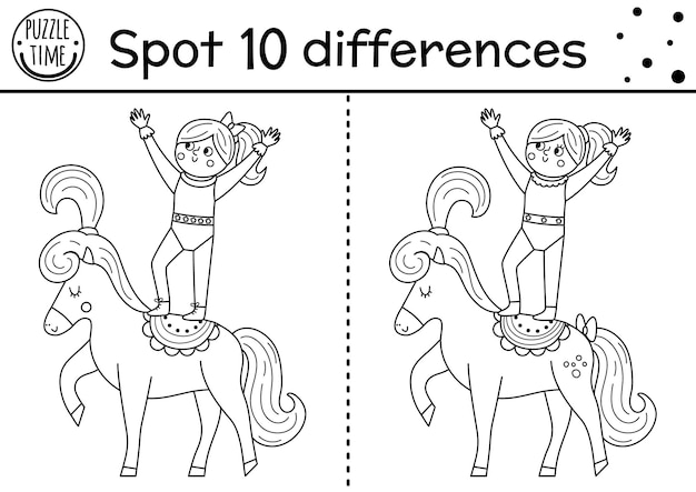 Circus black and white find differences game for kids Educational line activity with gymnast girl on hoop Amusement show puzzle for children Festival printable coloring pagexA