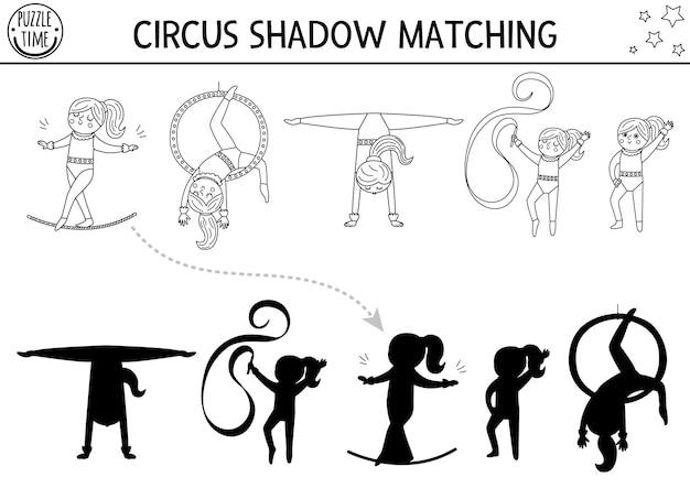 Circus black and white shadow matching activity with cute gymnasts Amusement show line puzzle Find correct silhouette printable worksheet or game Entertainment coloring pagexA