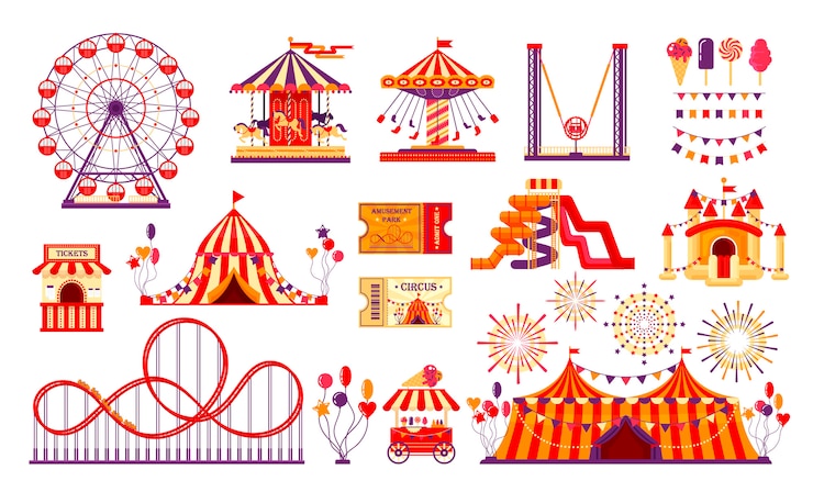 Vector circus carnaval elementen instellen geïsoleerd op witte achtergrond. pretparkcollectie met kermis, carrousel, reuzenrad, tent, achtbaan, ballonnen, kaartjes.