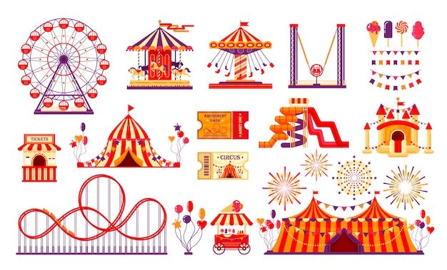 Vector circus carnival elements set isolated on white background. amusement park collection with fun fair, carousel, ferris wheel, tent, roller coaster, balloons, tickets.