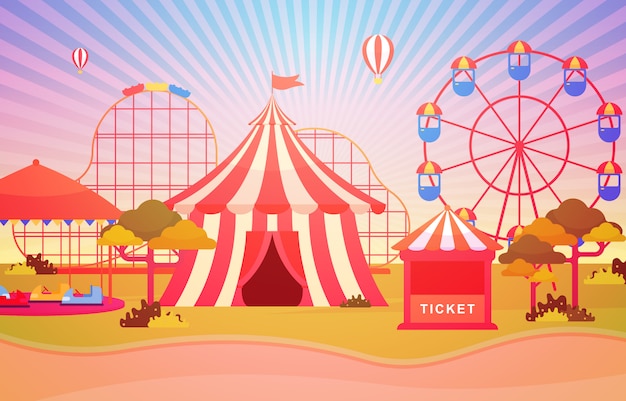 Vector circus carnival festival fun fair with firework landscape