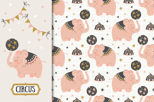 Vector circus cartoon cute elephant card and seamless pattern set. hand drawn