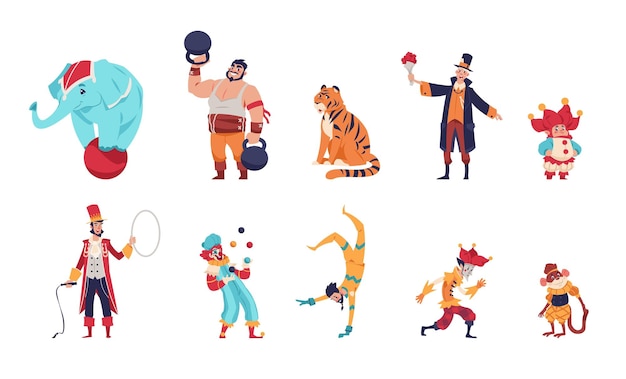 Circus characters cartoon clowns juggler throws balls acrobat and magician shows tricks animal trainer with elephant and tiger or funny monkey vector cirque performance actors set