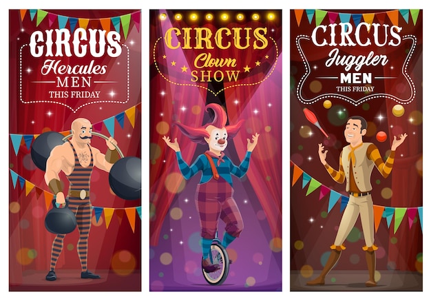 Personaggi di pagliaccio da circo, giocoliere e uomo forte. spettacolo di circo con artisti, intrattenimento di divertimento di carnevale sulla scena, set di striscioni