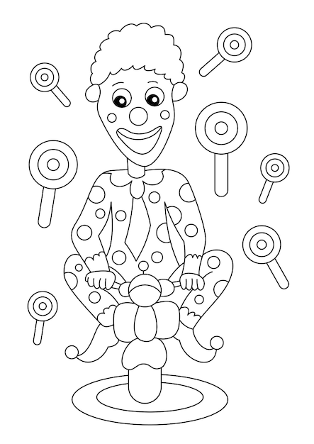Circus clown riding a motorbike coloring page or book for kid vector