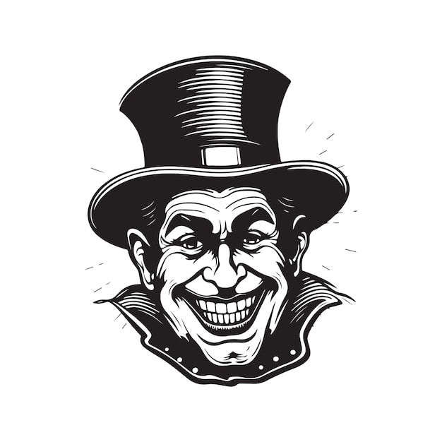 Illustrazione disegnata a mano di colore bianco e nero di concetto di arte linea logo vintage pagliaccio di circo