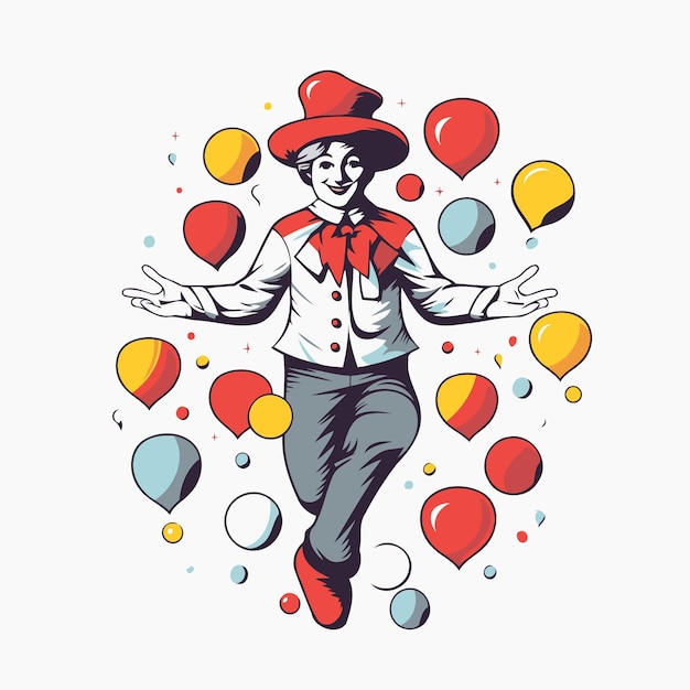 Circus clown with colorful balloons Vector illustration in retro style