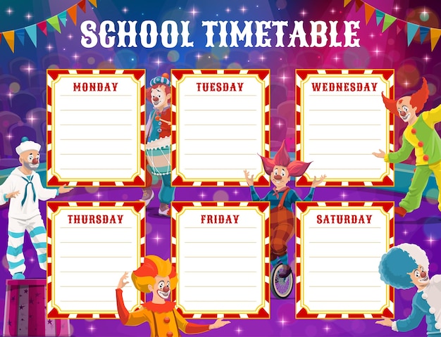 Vector circus clowns school education timetable schedule