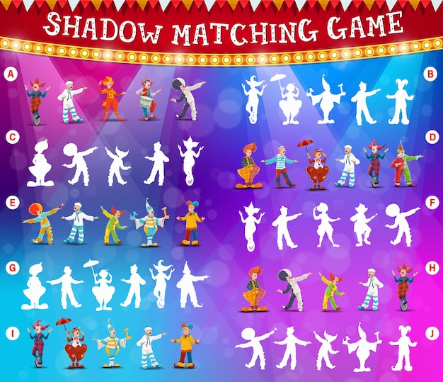 Vector circus clowns shadow matching game or puzzle