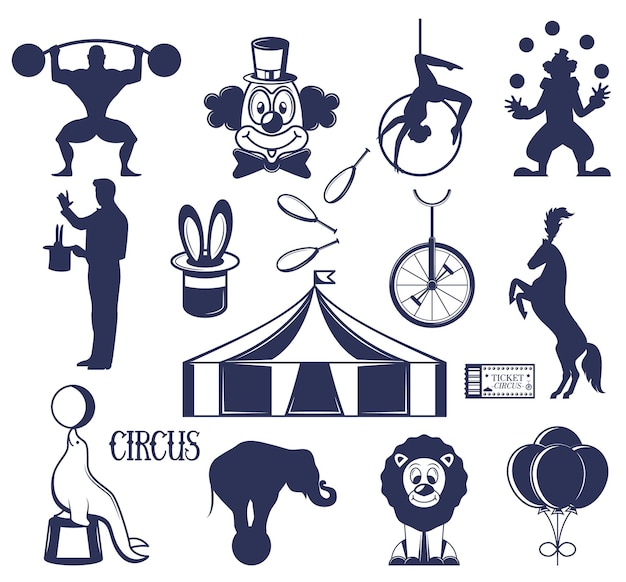 Vector circus design element blackandwhite silhouette isolated set acrobat illusionist strongman clown ticket trained animals and tent vector illustration