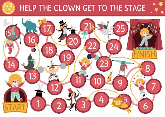 Circus dice board game for children with clown going to stage Amusement show or holiday boardgame Entertainment festival activity or printable worksheet with magician athlete gymnast animalsxA