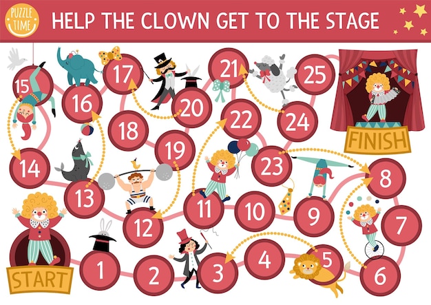 Circus dice board game for children with clown going to stage amusement show or holiday boardgame entertainment festival activity or printable worksheet with magician athlete gymnast animalsxa