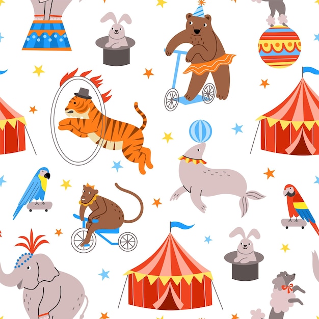 Vector circus elements seamless pattern trained animals perform tricks striped tent bear on scooter tiger jumps into ring vector backdrop