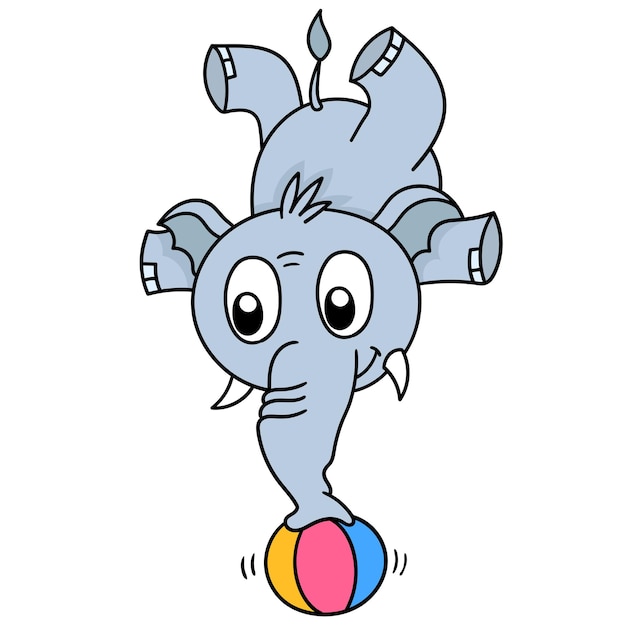 Un elefante da circo sta con la proboscide su una palla, un simpatico personaggio disegnato a mano. illustrazione vettoriale