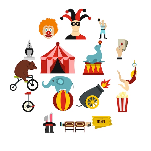 Vector circus entertainment icons set, flat style