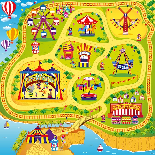 Illustrazione del luna park del circo con clown e parco divertimenti per bambini tappetino da gioco e design del tappetino a rullo