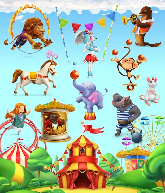 Vector circus funny animals. set of icons.