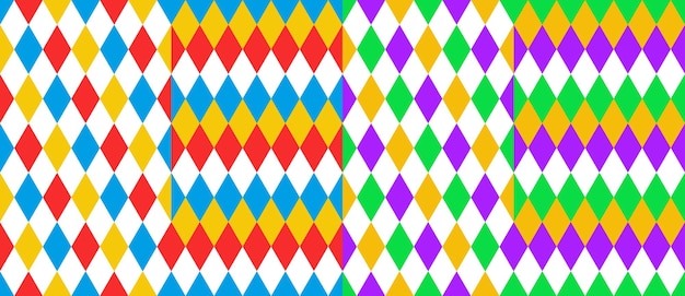 Vector circus harlequin patterns rhombus lozenge pattern vector seamless backgrounds of carnival clown and joker diamonds ornament geometric shapes of blue green red white and yellow rhombus backdrop