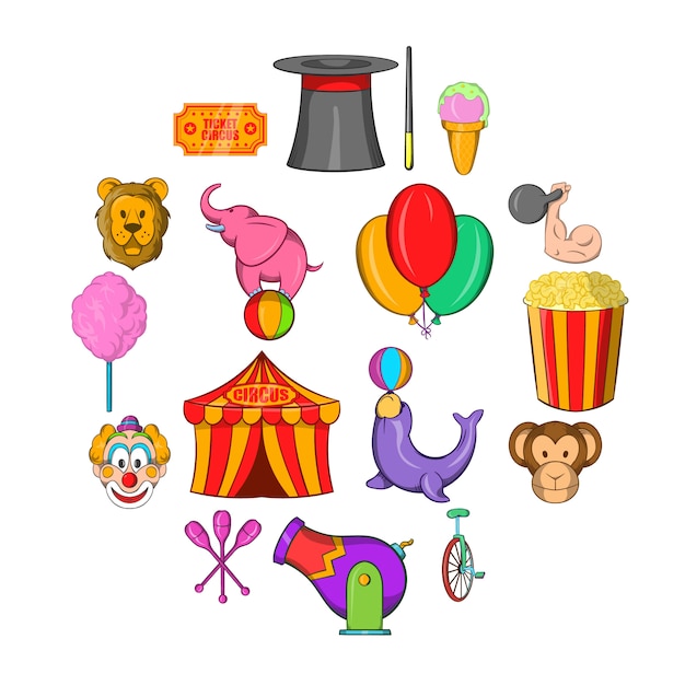 Circus icon set, cartoon stijl