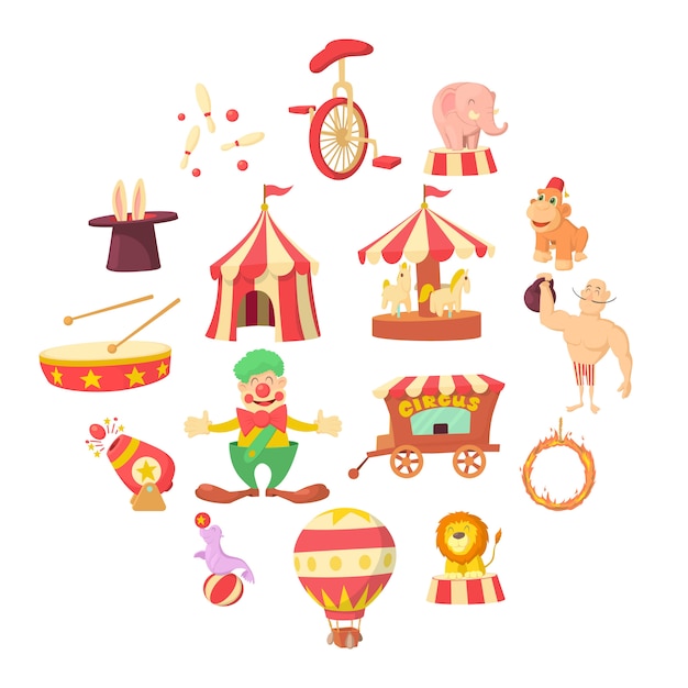 Circus iconen set, cartoon stijl