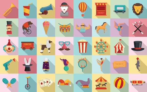 Vector circus icons set, flat style