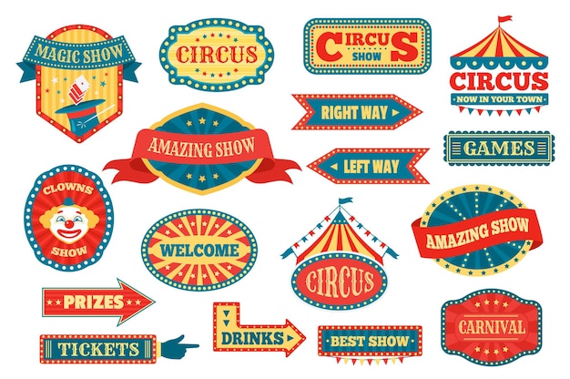Circus labels and signs, retro fun fair carnival signboards. Vintage amusement park pointers, festival fairground event emblems vector set