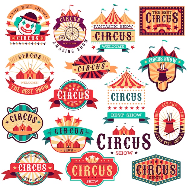 Circus labels. Vintage carnival show, circus signboard. Entertaining event festival. Paper invitation banner, arrow  stickers