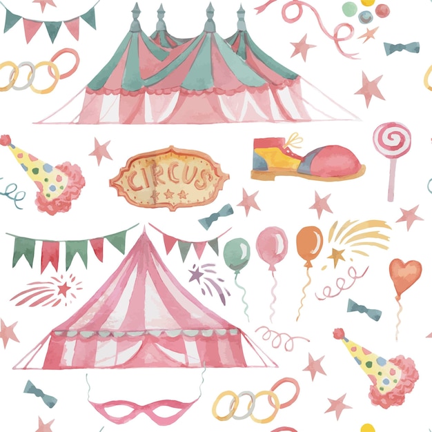 Vector circus marquee arena watercolor illustration hand drawn patern seamless pattern hand rings ball