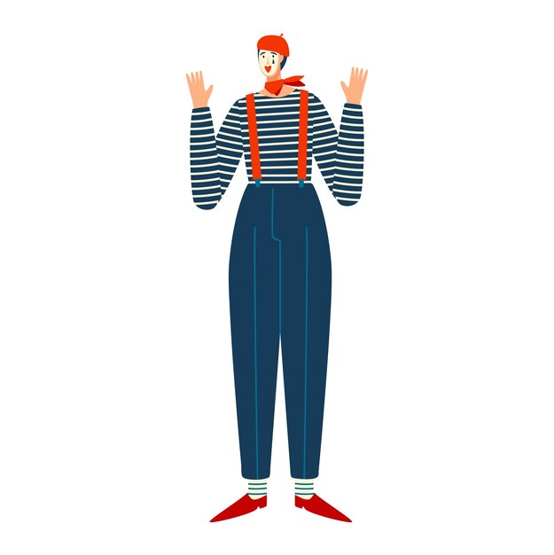 Vector circus mime mannelijk personage vrolijk lachende stomme clown showprestaties geïsoleerd op wit plat