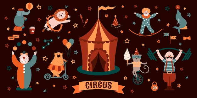 Circus objecten collectie konijn, clown, beer, leeuw, olifant, zeehond