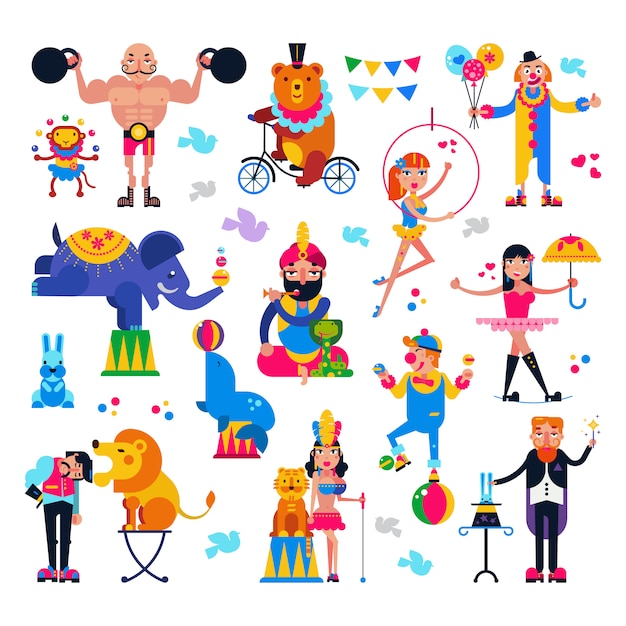 Circus people vector acrobat or clown and trained animals characters in circus-tent illustration set of magician and circusman with lion or elephant isolated on white