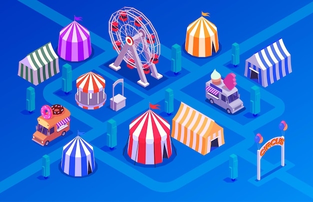 Изометрическая концепция циркового представления с парком развлечений