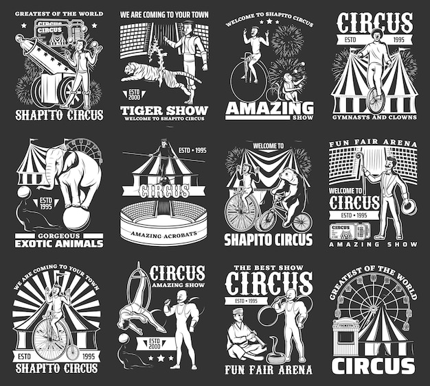 Vector circus pictogrammen monochroom kermis carnaval vintage