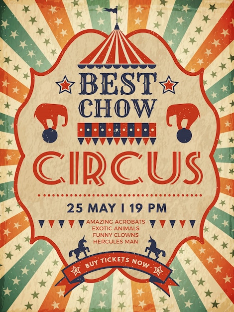 Vector circus poster. retro placard magic invitation for circus mascarade event show  template