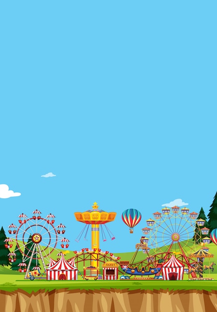 Vector circus scene with many rides at day time