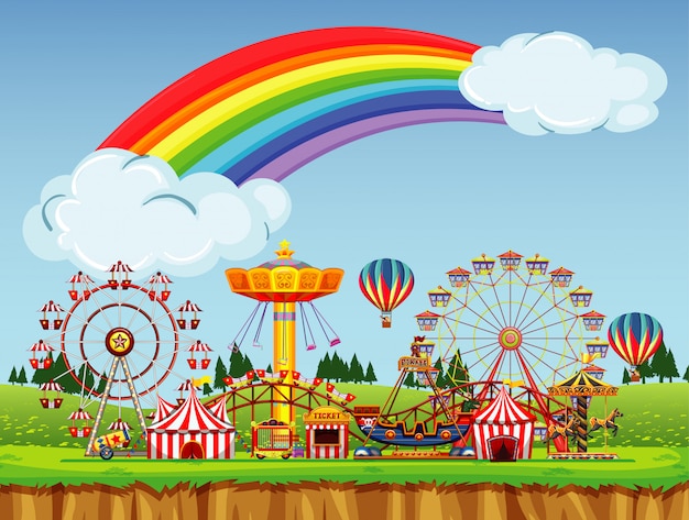 Circus scene with rainbow in the sky