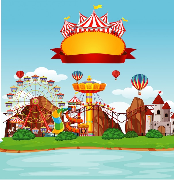 Circus scene with sign template in the sky