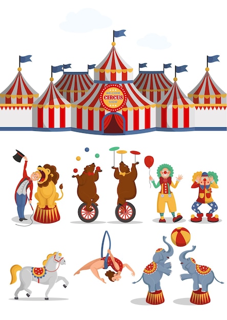 Set da circo: tenda, leone, orsi, acrobata aerea, clown, cavallo, elefanti. illustrazione del fumetto di vettore.