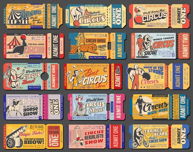 Circus show and funfair carnival retro tickets