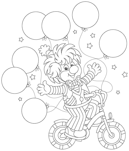 Circus show of a funny clown riding his bicycle with balloons