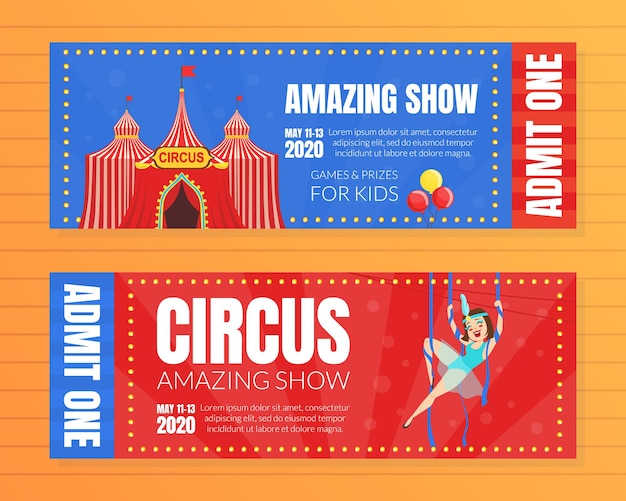 Circus show horizontale kaartjes set geweldige show voor kinderen sjabloon vector illustratie