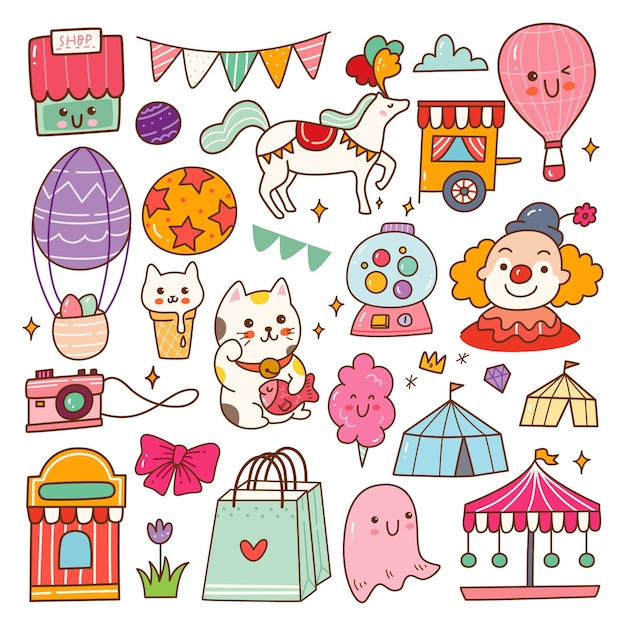 Circus Show Kawaii Doodle Set Vector Illustratie