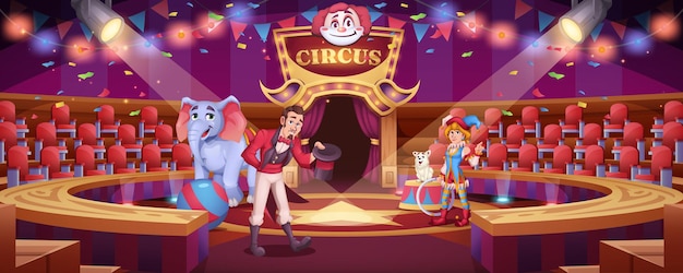 Circus show with animal handler man and clown woman