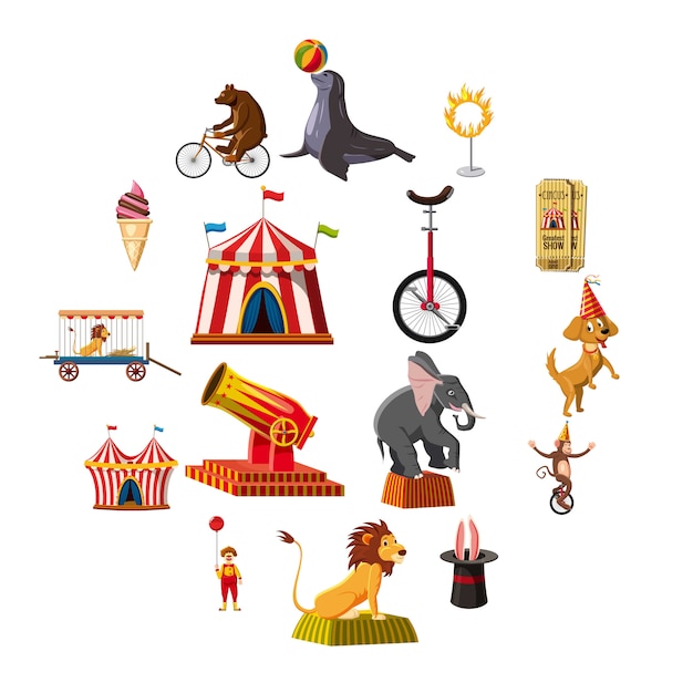 Circus symbols icons set, cartoon style