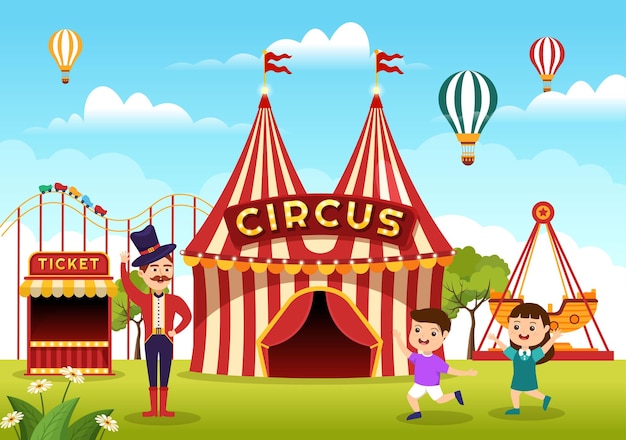 Circus Template Hand Drawn Cartoon Flat Illustration with Show and Amusement Park